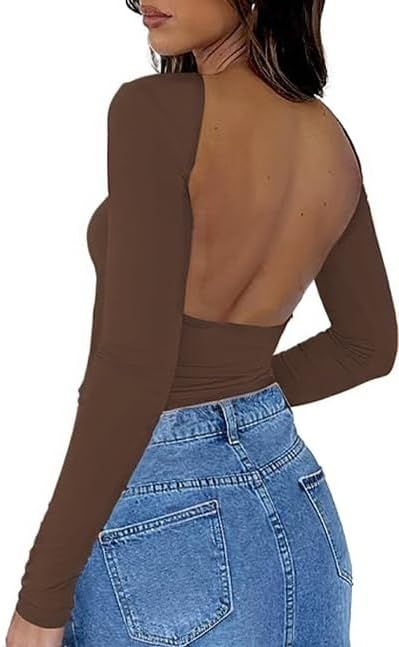 ForeFair Women Sexy Backless Short Sleeve Slim Fit Crewneck Summer Casual Y2K Cr...