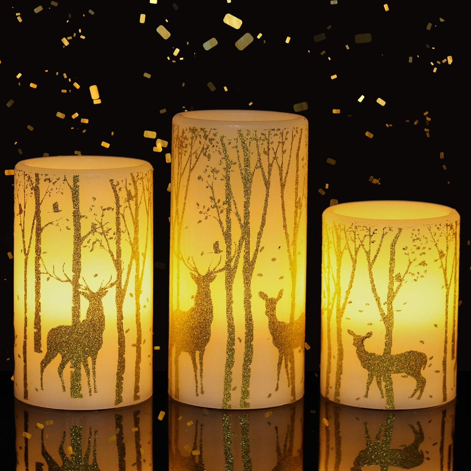 Eldnacele Flameless Candles Flickering with 6H Timer, 3 Pack Gold Reindeer Elk D...