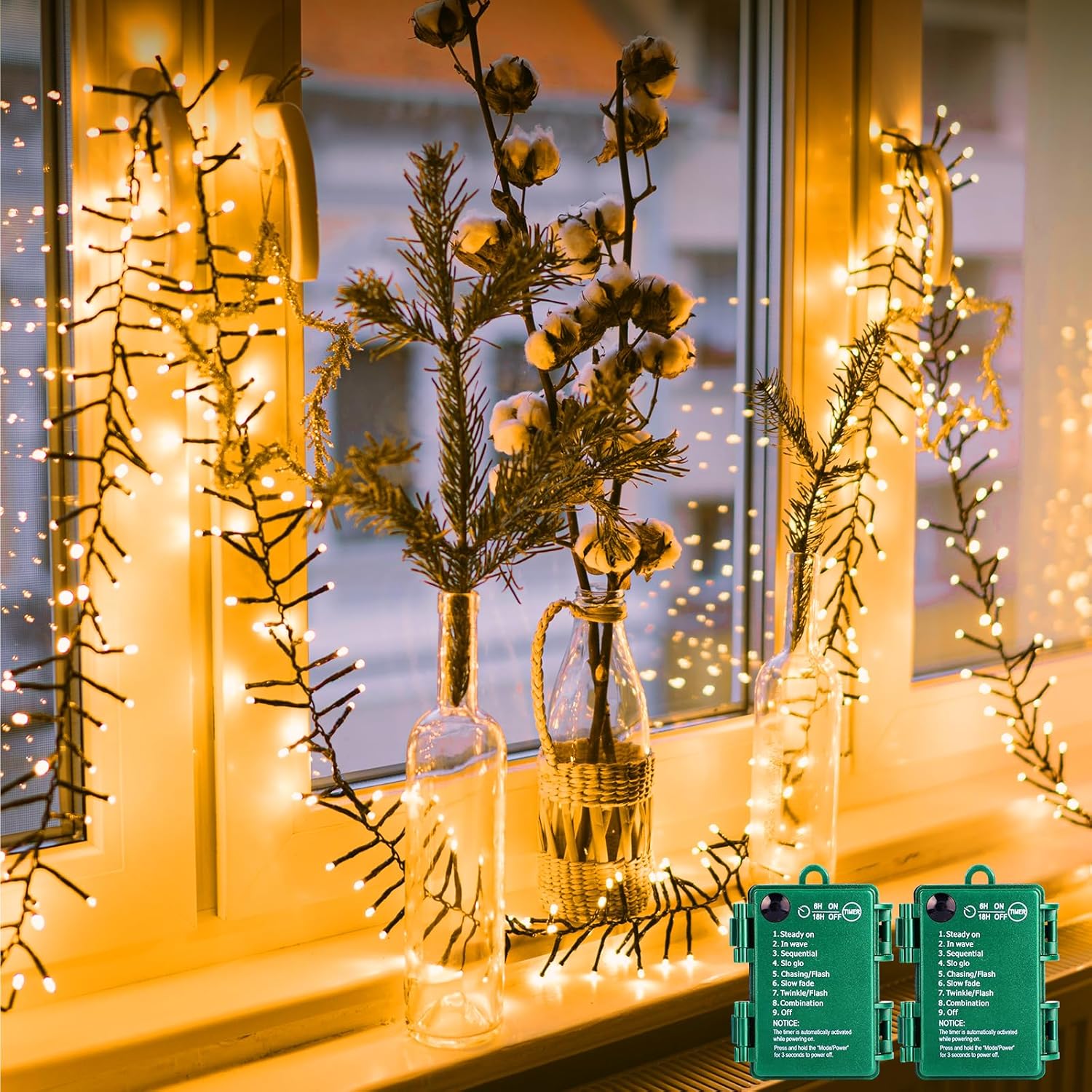 Brightown Christmas Cluster Lights Battery Operated Outdoor, 2 Pack 10Ft 120 LED...