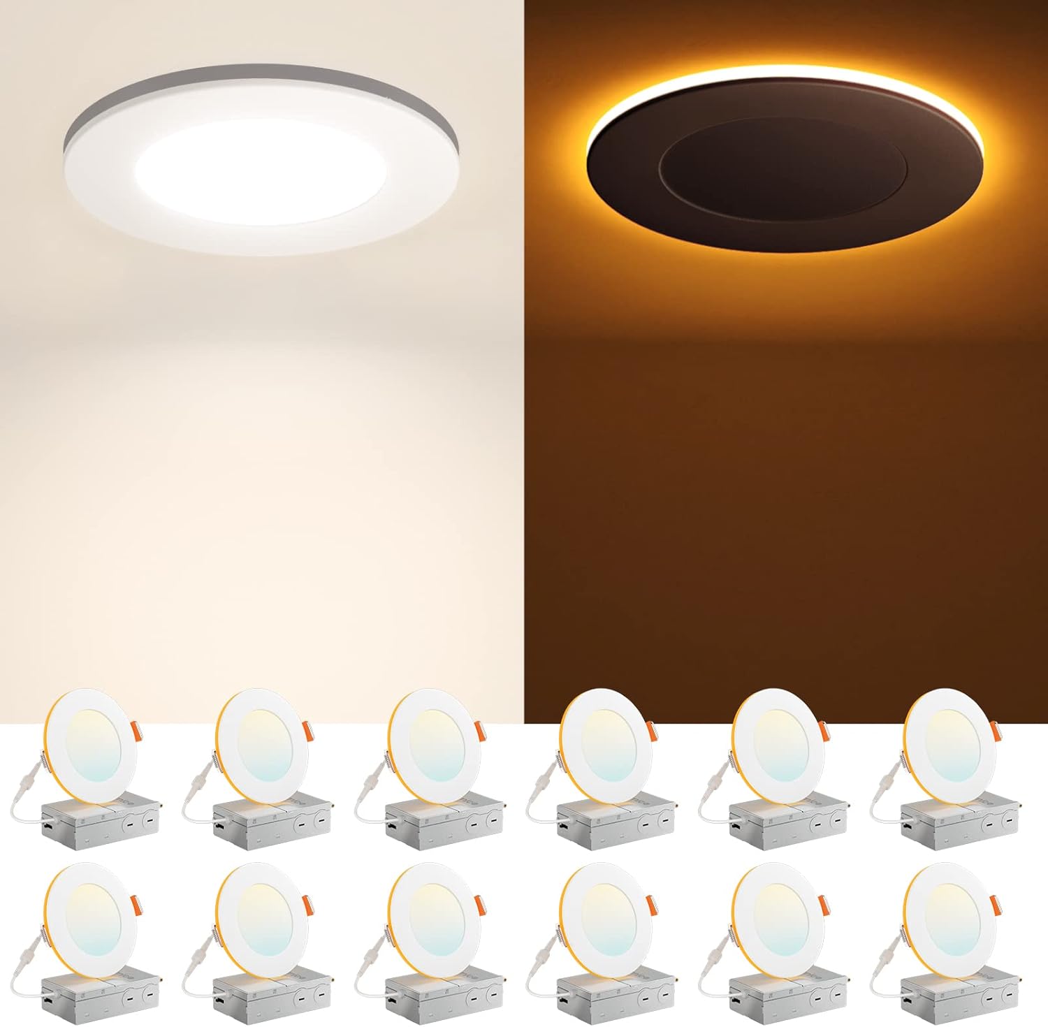 Amico 12 Pack 4 Inch 5CCT LED Recessed Ceiling Light with Night Light, 2700K/300...
