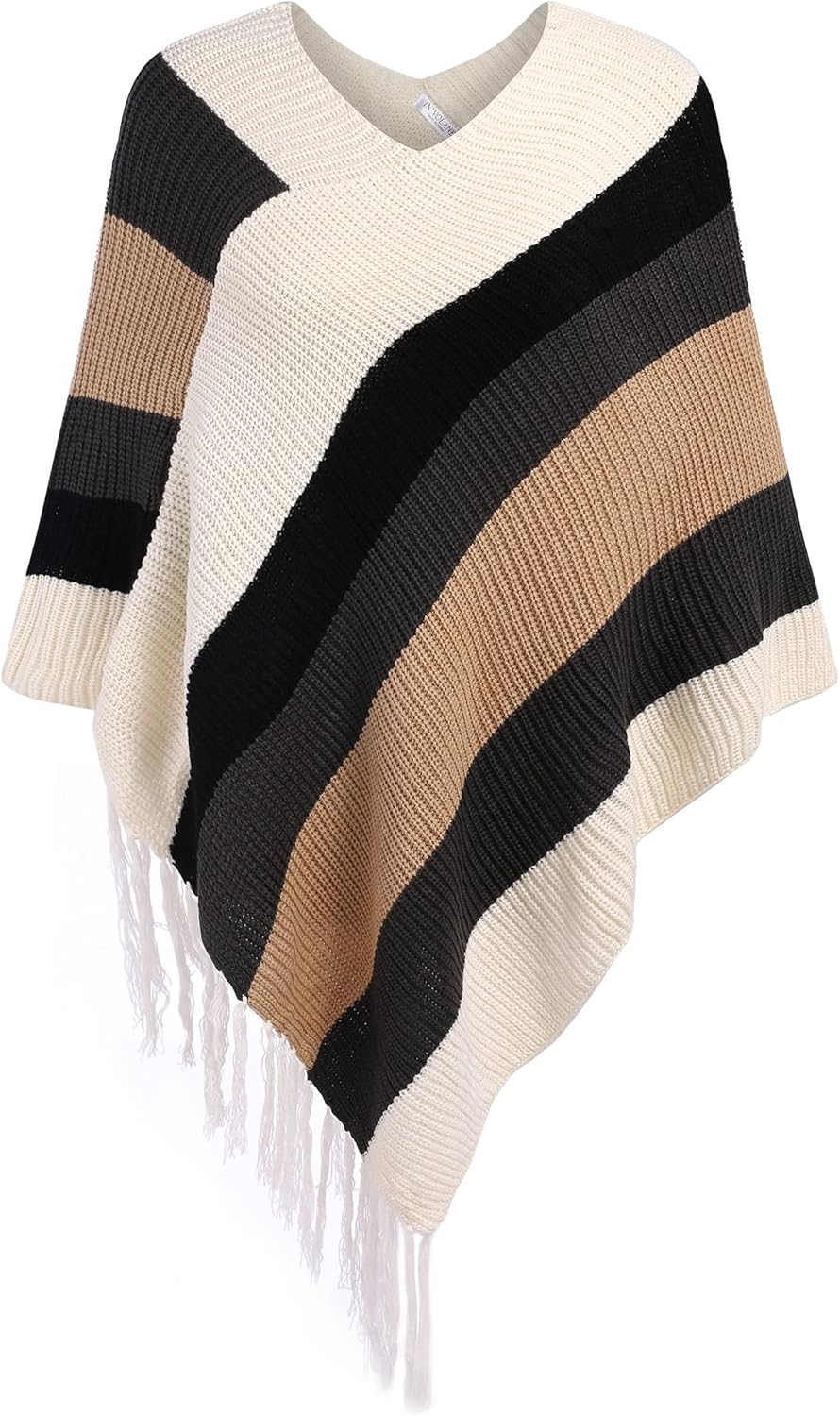 IN'VOLAND Women's Shawl Wraps Knitted Shawl with Fringed Capelet V-Neck Striped...