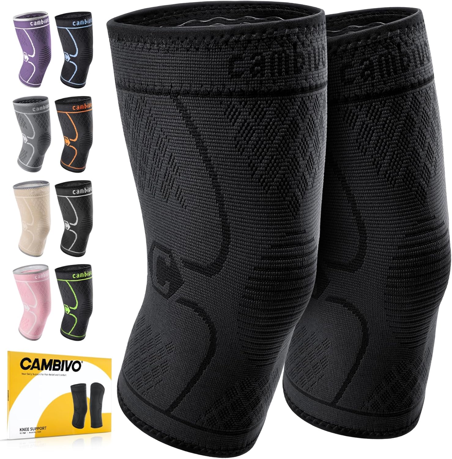 CAMBIVO 2 Pack Knee Braces for Knee Pain, Knee Compression Sleeve for Men and Wo...