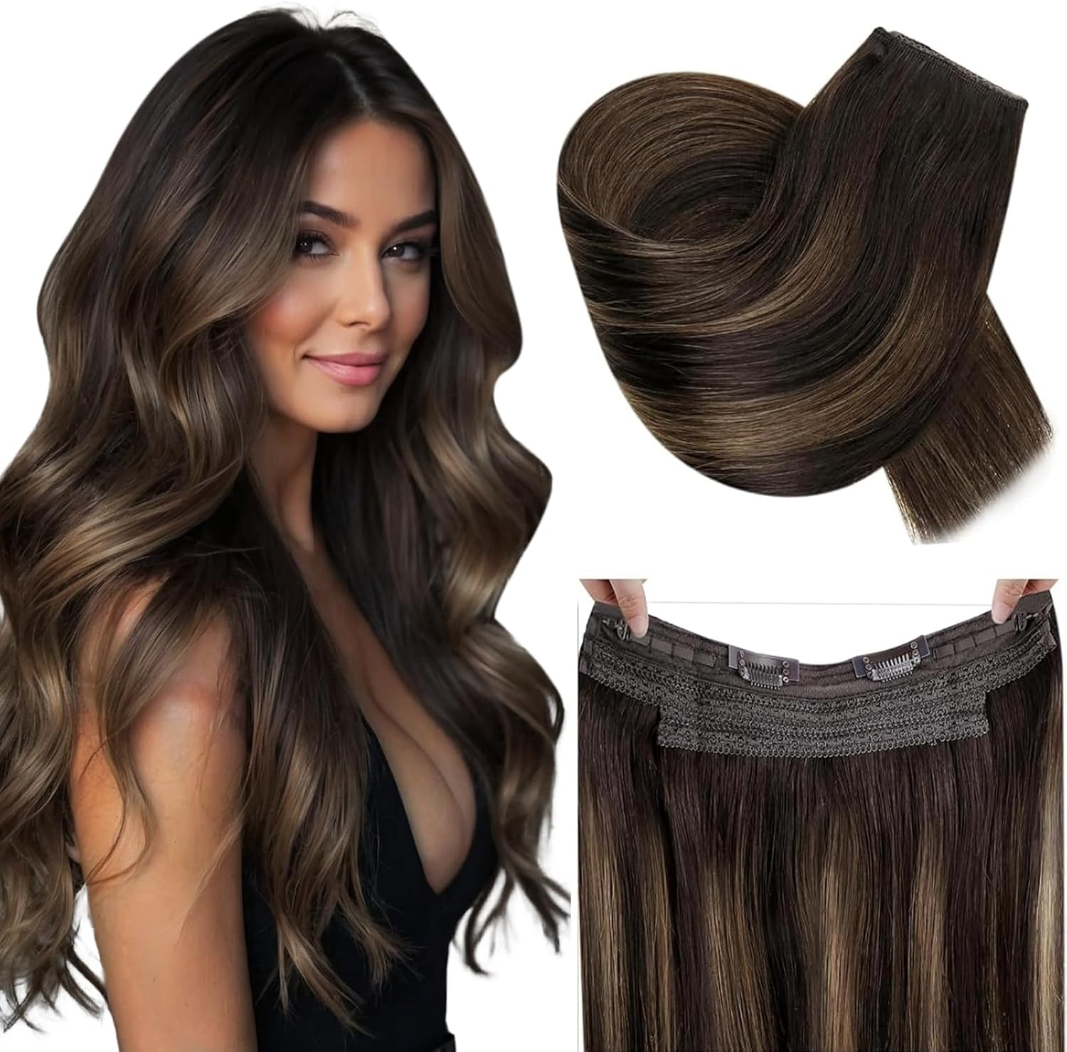RUNATURE Wire Hair Extensions Human Hair Balayage Brown Wire Hair Extensions Rem...