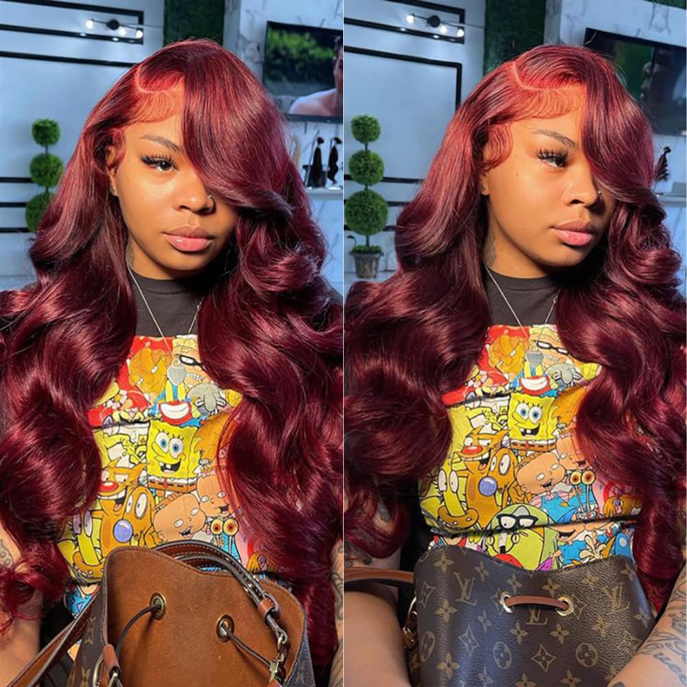 AOSUN 99j Burgundy Lace Front Wigs Human Hair Glueless Wine Red Colored Body Wav...