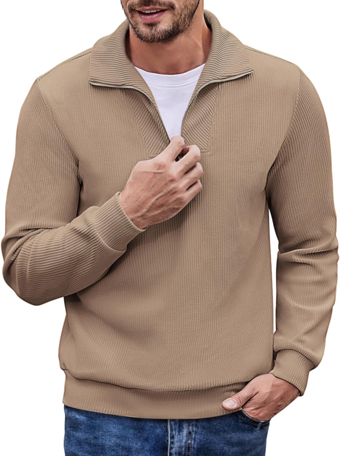 COOFANDY Men's Quarter Zip Up Pullover Slim Fit Mock Neck Long Sleeve Sweaters C...