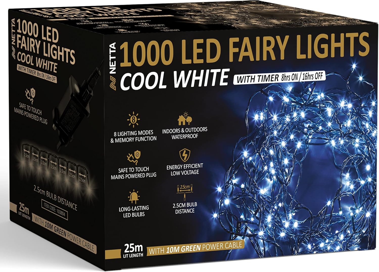 Christmas Tree Lights 1000 LED 25m Cool White - 2.5cm Bulb Distance Fairy String...