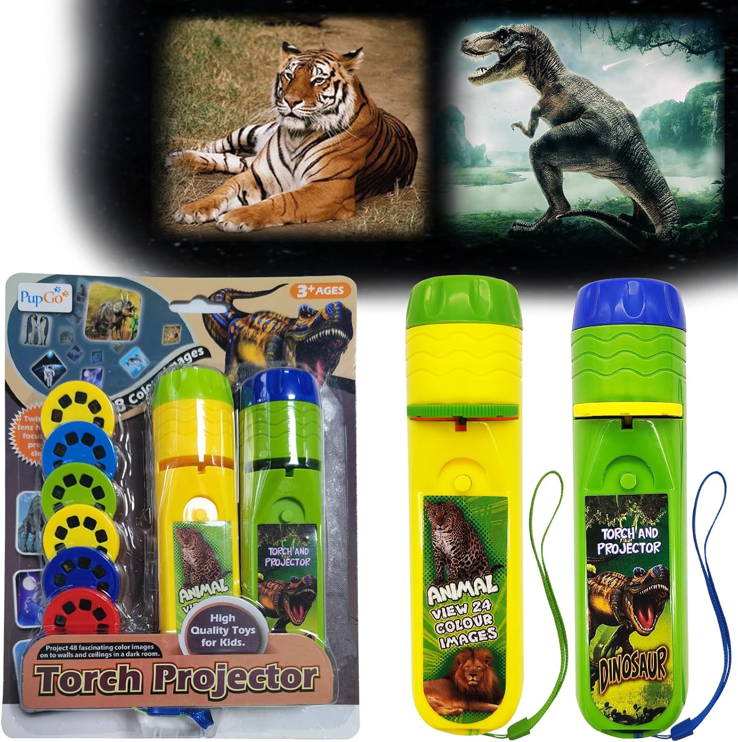 Pup Go Torch and Projector Toy for 3+ Year Old Kids, 2 in 1 Dinosaur & Animal, 6...
