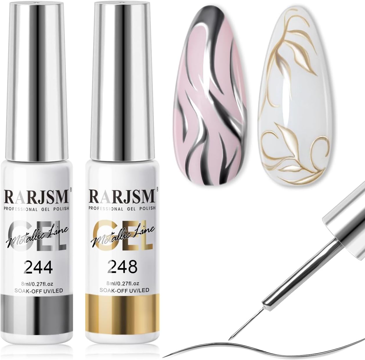 RARJSM Metallic Nail Art Gel Liner Silver Bronze Gold 2pcs Set Mirror Chrome 3D...