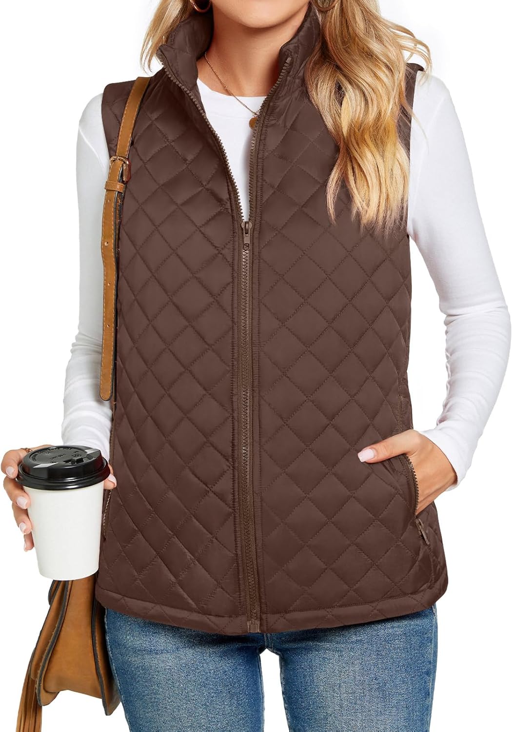 TAOHUADAO Women's Gilet Zippered Quilted With Pockets Lightweight Coat With Stan...