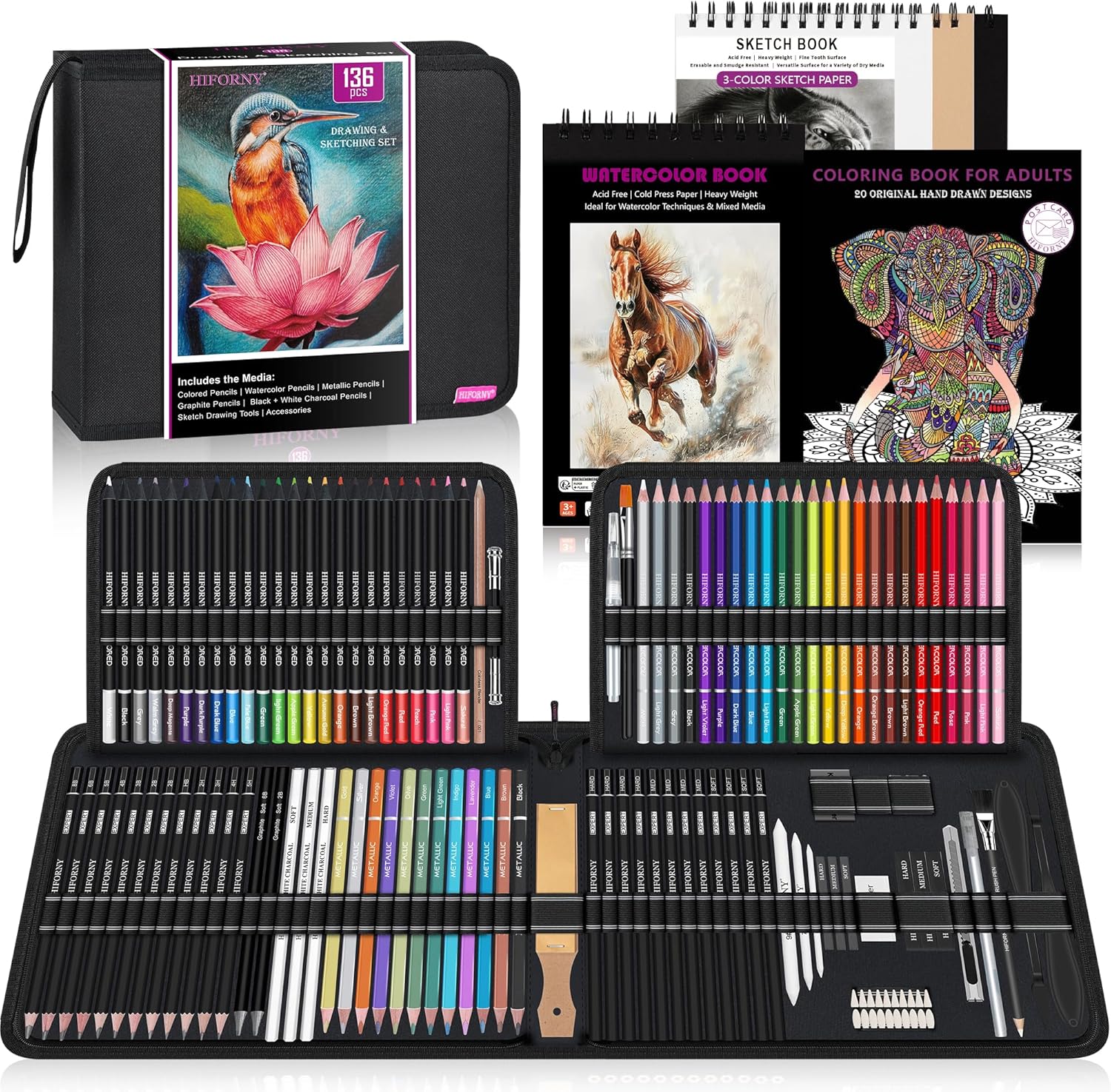 HIFORNY 136 PCS Drawing & Sketching Set,Pro Art Supplies with Graphite,Charcoal,...