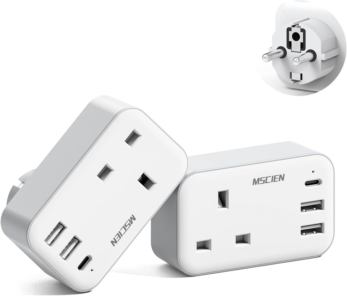 2 Pack UK to European Europe EU Plug Adapter with 3 USB (1 USB C), MSCIEN Euro S...