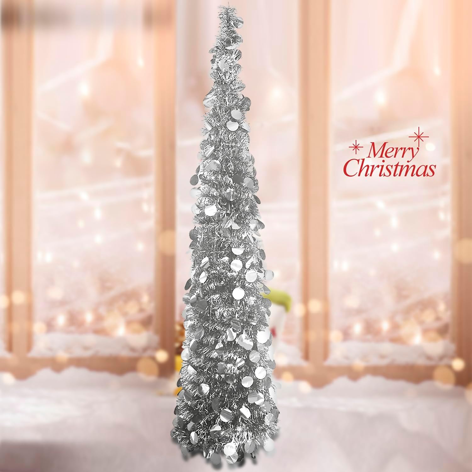 5ft/1.5M Collapsible Christmas Tinsel Tree Pop Up Artificial Xmas Tree with Easy...