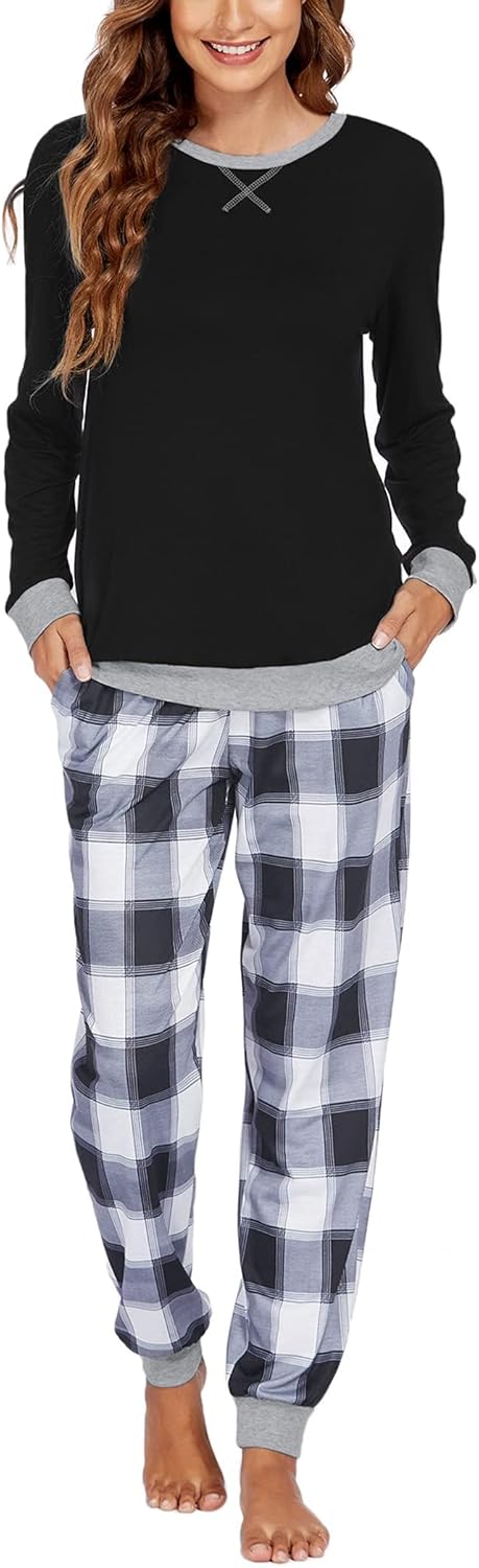 Ekouaer Womens Pyjamas Sets Round Neck Soft Sleepwear Sets Long Sleeve Plaid Pjs...
