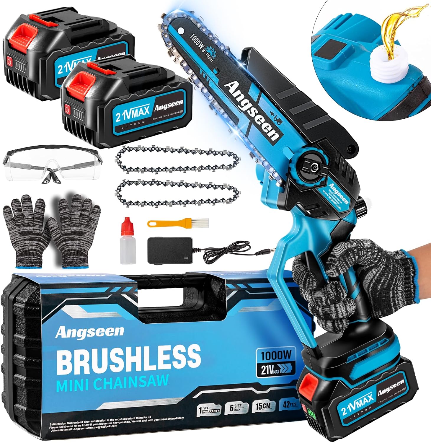 Mini Chainsaw - Brushless Motor 1000W, Electric Chainsaw Cordless 6 Inch with Au...