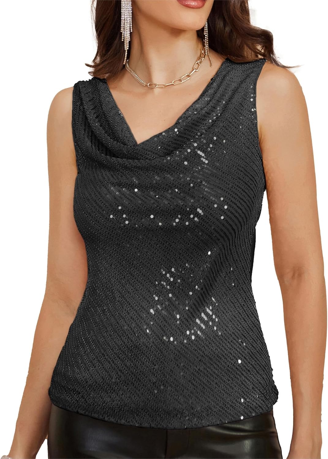 GRACE KARIN Women Sequin Sleeveless Cowl Neck Vest Sparkle Glitter Blouse Top T...