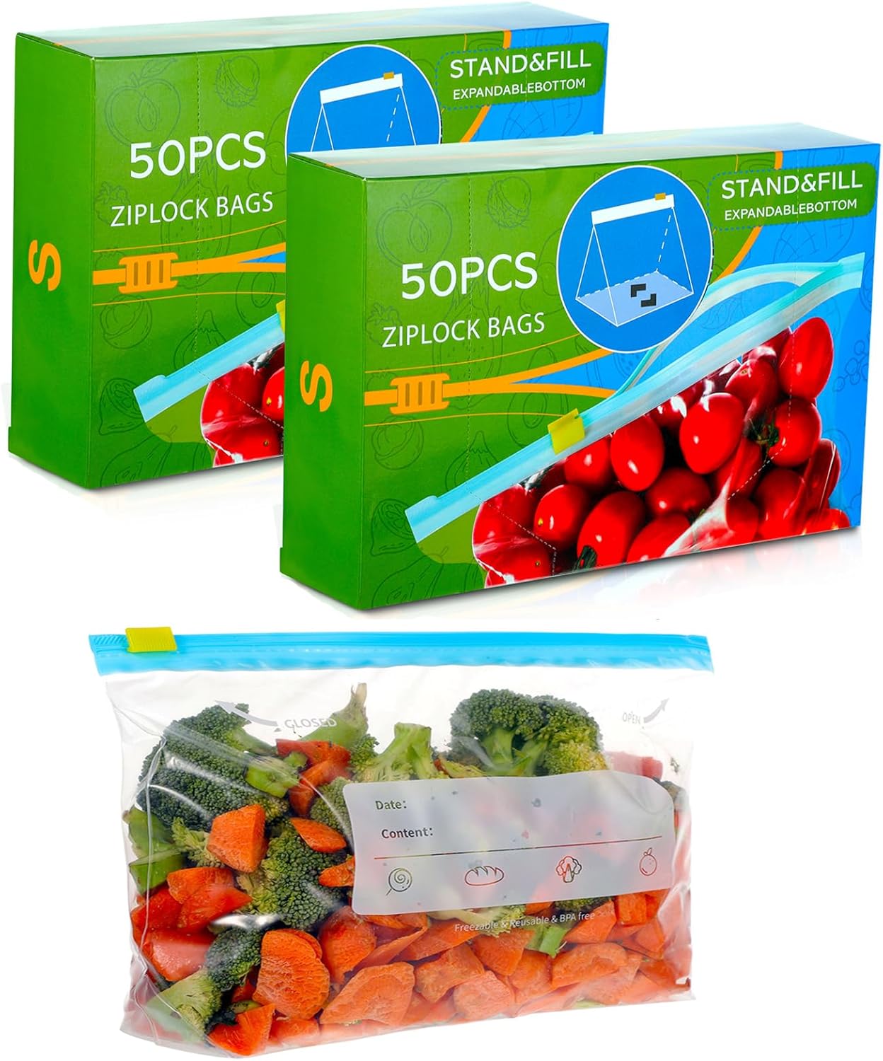 100 Pcs Food Storage Bags, Reusable Sandwich Bags (1L) Food Storage Freezer Bags...