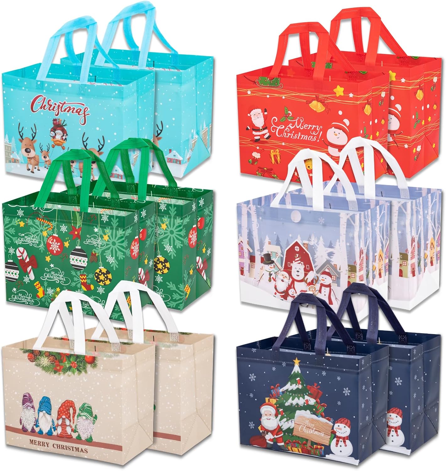 12 Packs Christmas Tote Bags with Handle, Reusable Gift Present Bag Grocery Shop...