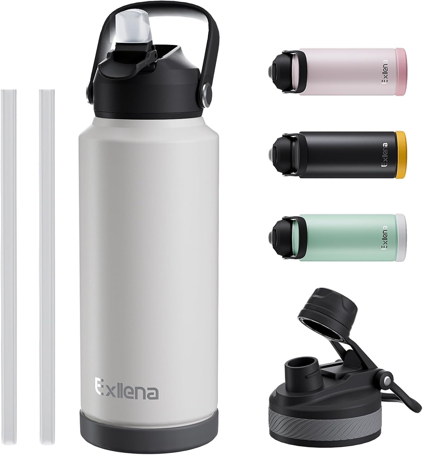 Exllena Insulated Water Bottles with Straw - 1 Litre, Stainless Steel Double-Wal...