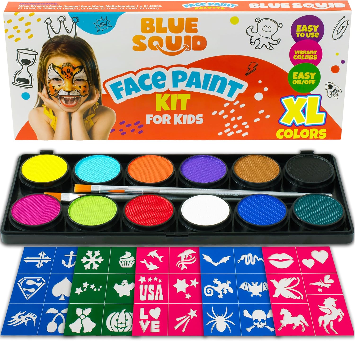Blue Squid Face Painting Kit for Kids – Complete Face Paint Kit Palette, Stencil...