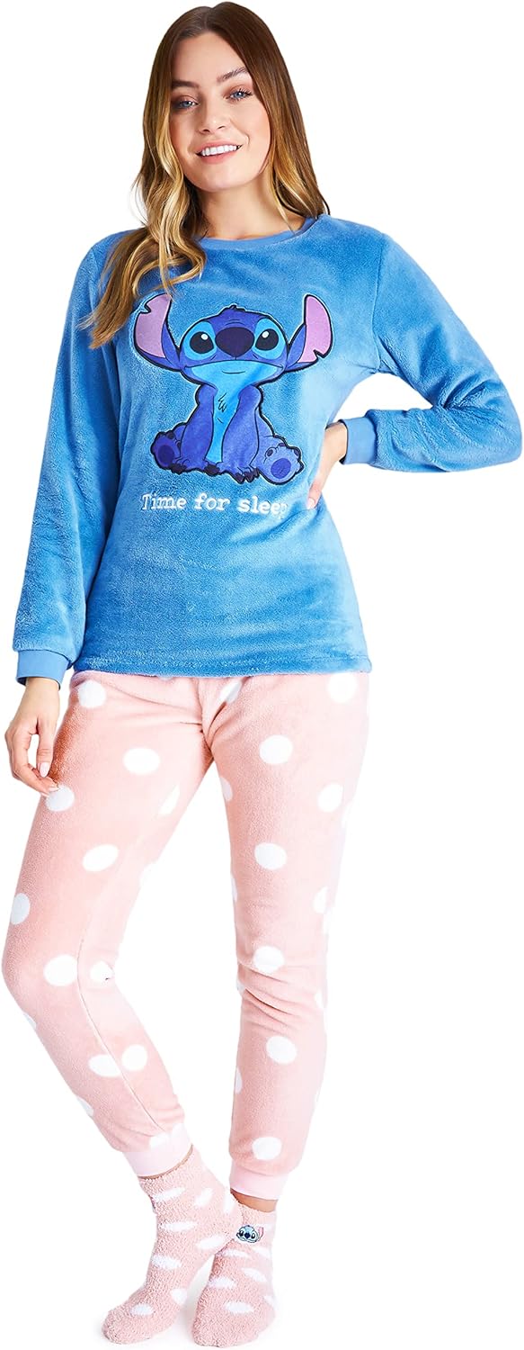 Disney Womens Pyjamas, Fleece Loungewear and Fluffy Socks Stitch Gift Set L Blue...