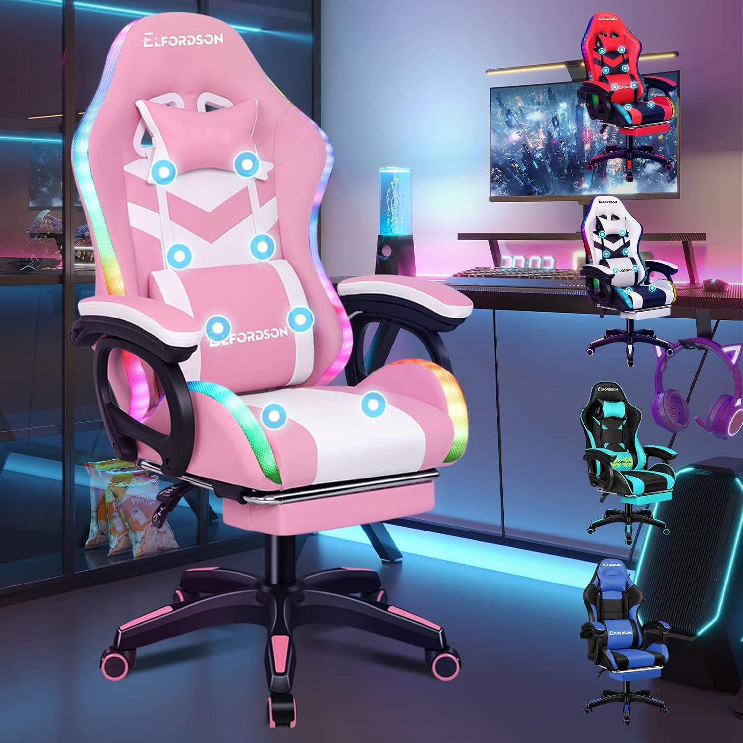 ELFORDSON LED Gaming Chair with 8-POINT Massage, Swivel Office Chair with Head P...
