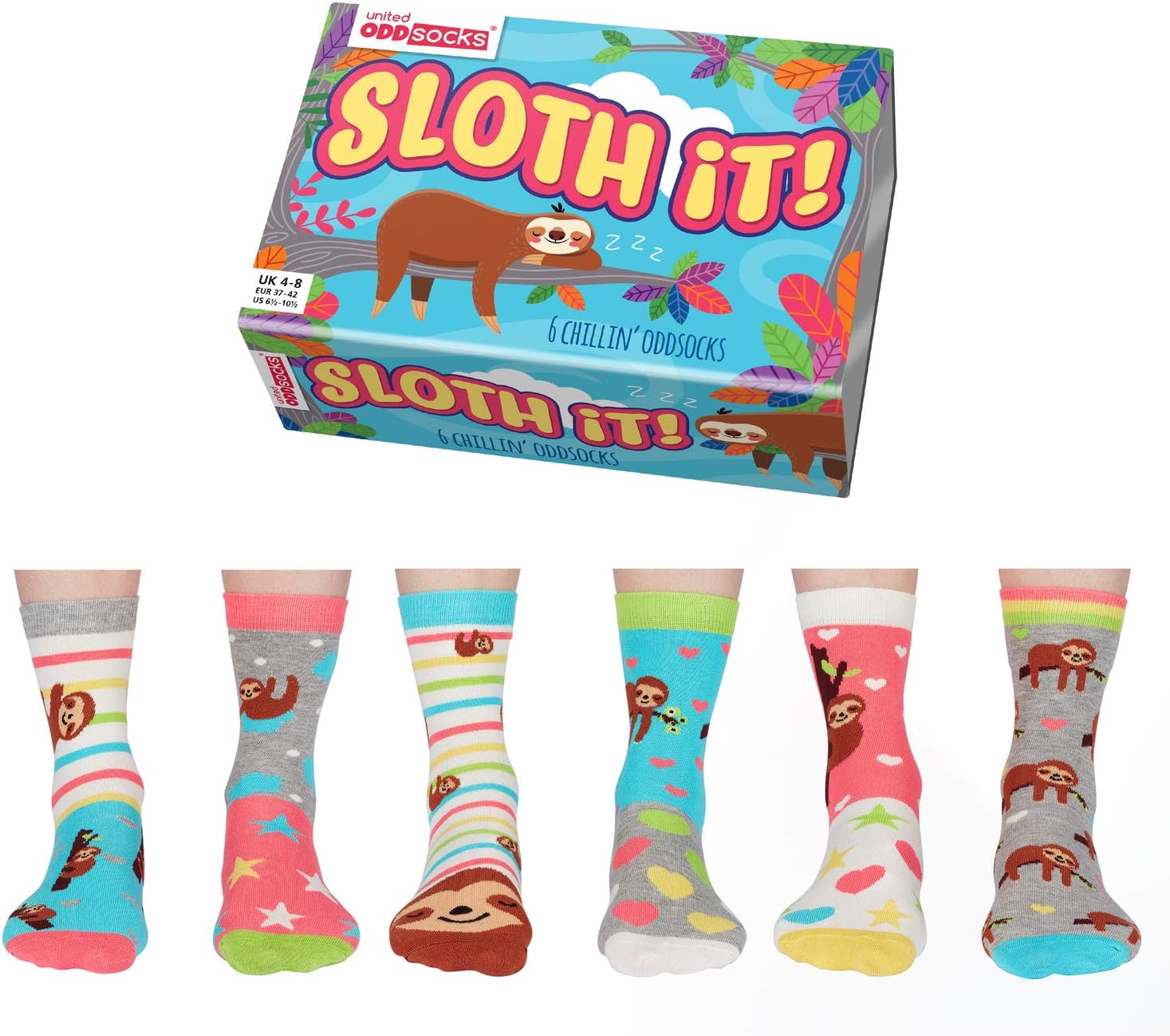 United Oddsocks Sloth It Ladies Box of 6 Odd socks - UK 4-8 EUR 37-42 US 6.5-10....