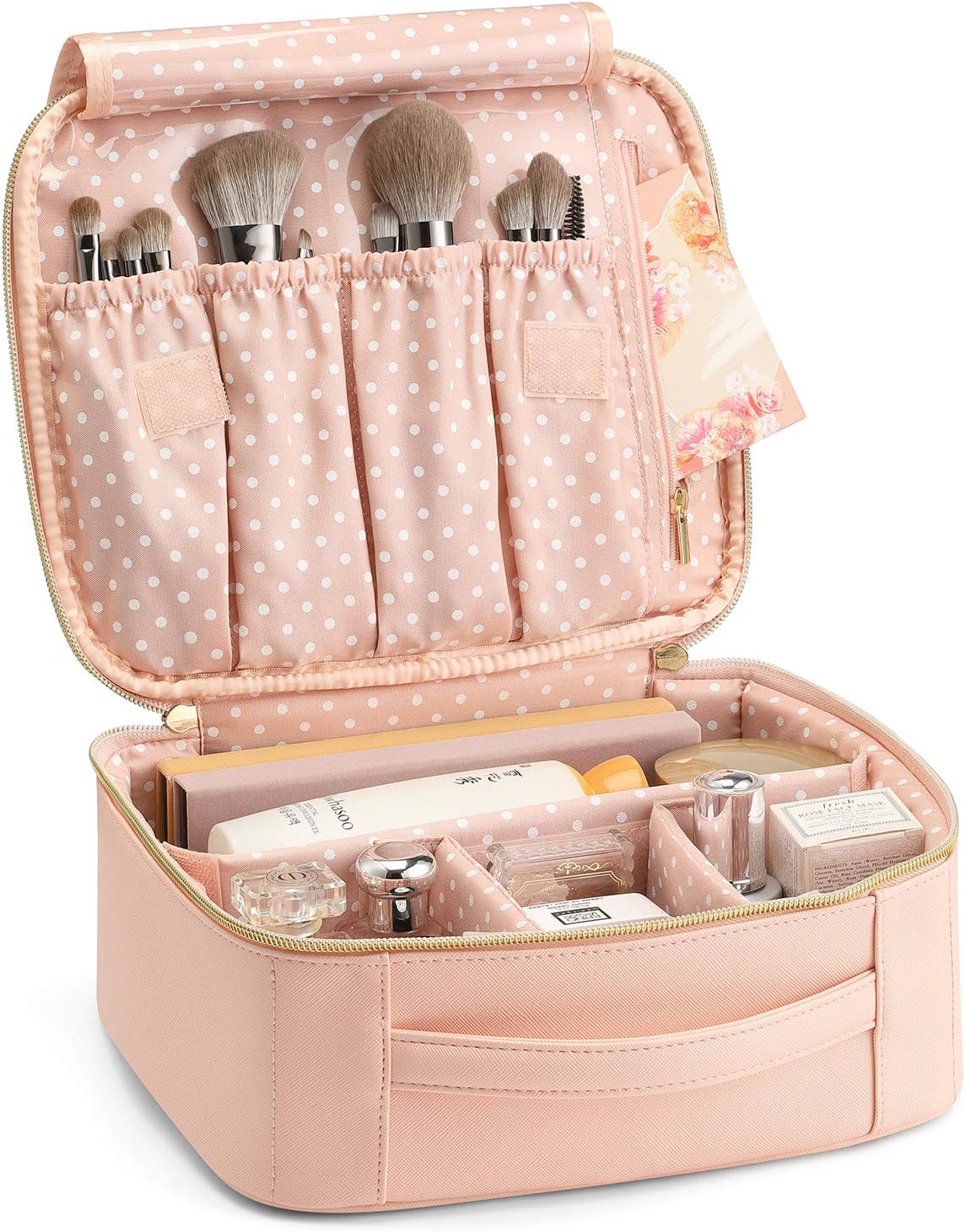 Vlando Makeup Bag with Compartments, PU Leather Large Cosmetic Bags with Handle,...