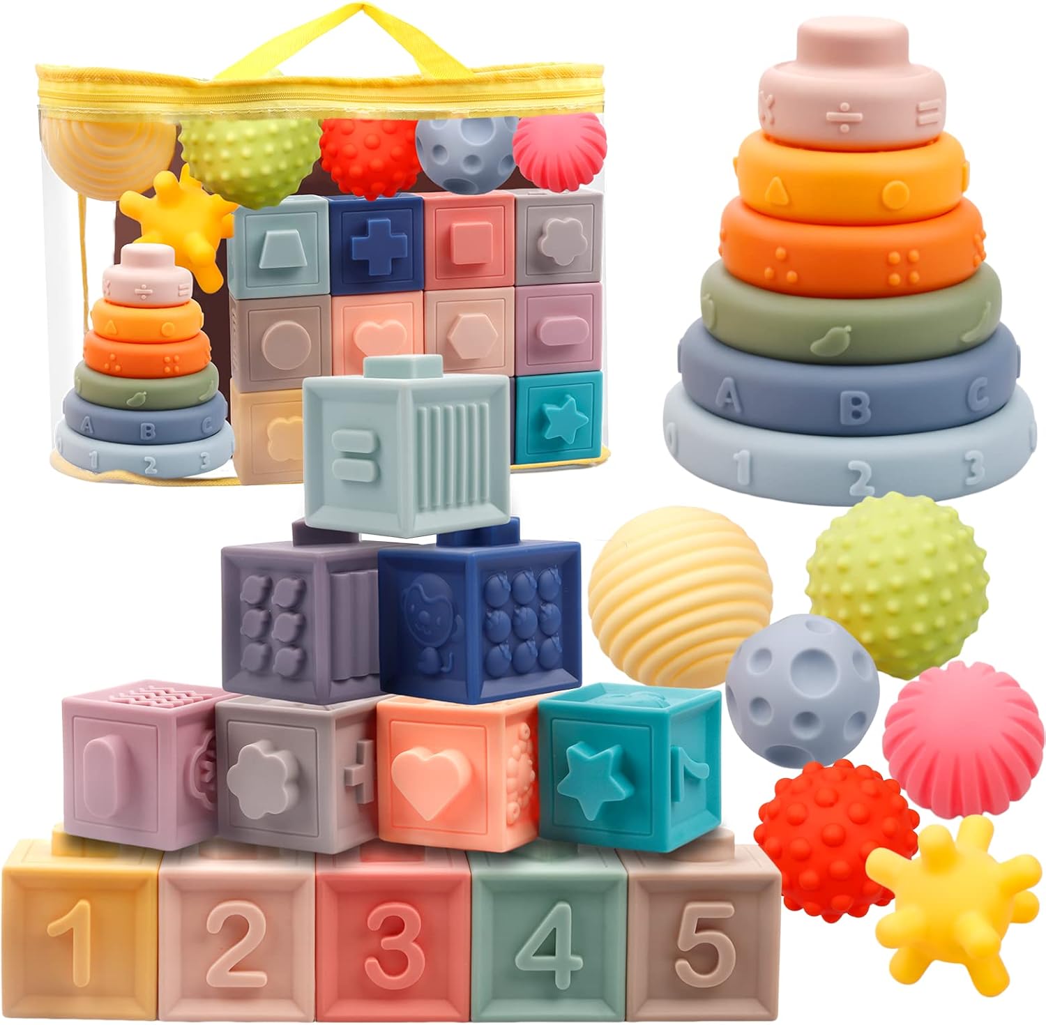 24 Pack Montessori Toys for Babies, Soft Building Blocks for Baby, Sensory Teeth...