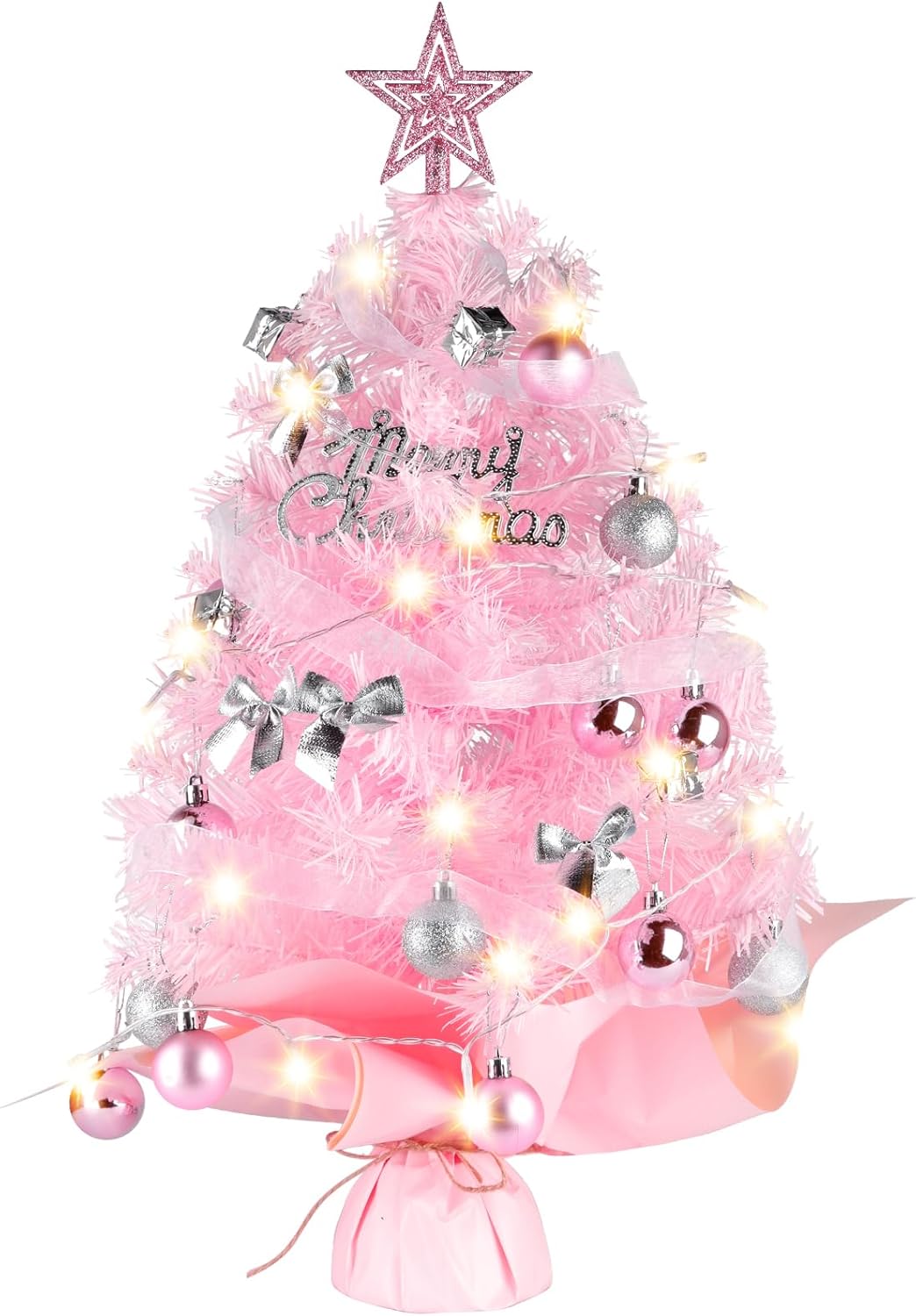 Mini Christmas Trees with Lights, Migaven 2ft/60cm Pink Tabletop Christmas Tree...