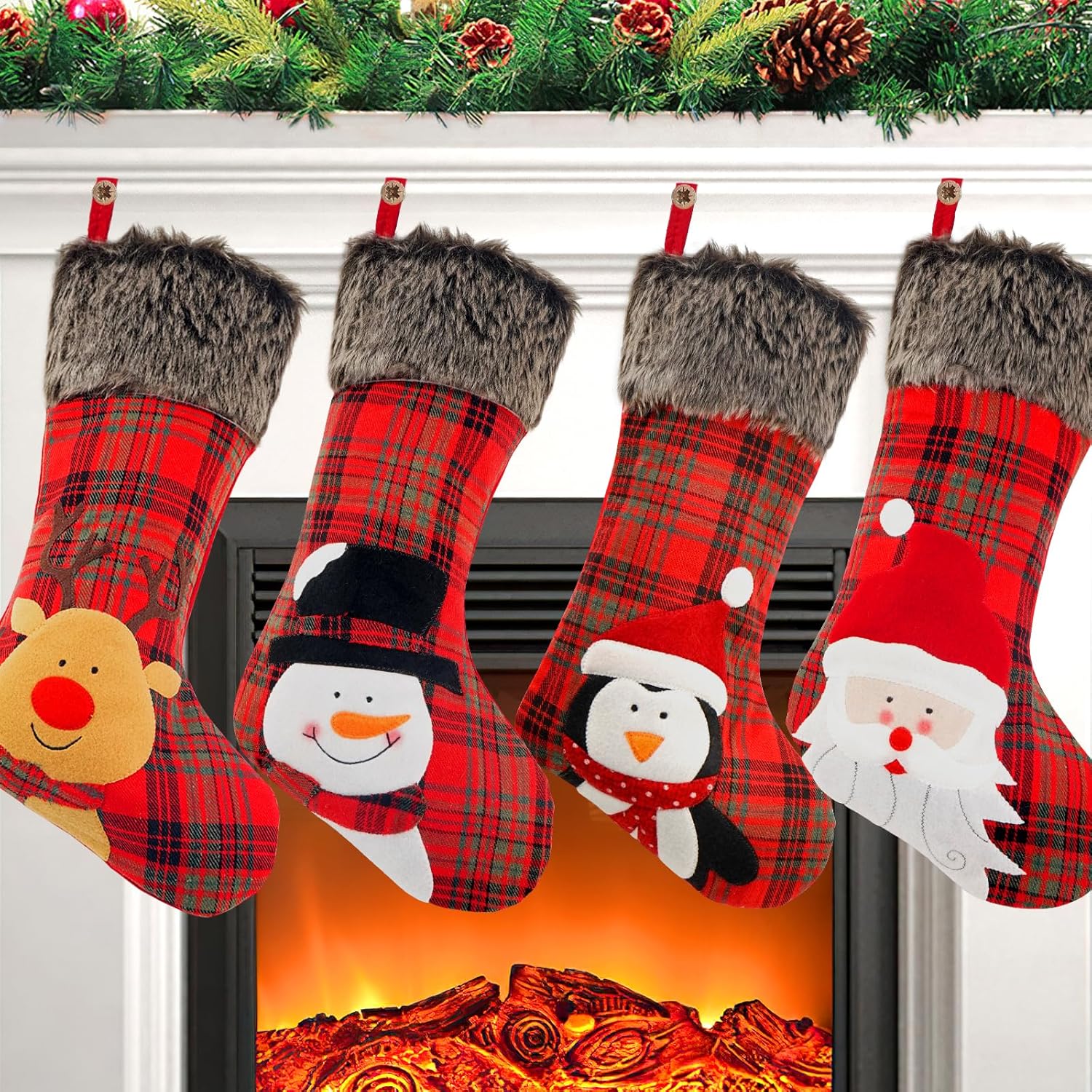 COOLWUFAN Christmas Stocking, 4 Pack 18 inch Xmas Stockings wiht Snowflake Santa...