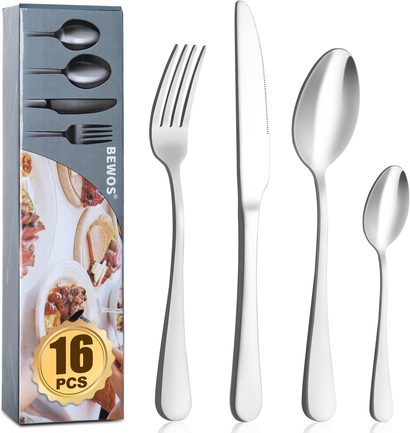 Cutlery Set, BEWOS 16 Piece Stainless Steel Matt Silver Flatware Set, Tableware...