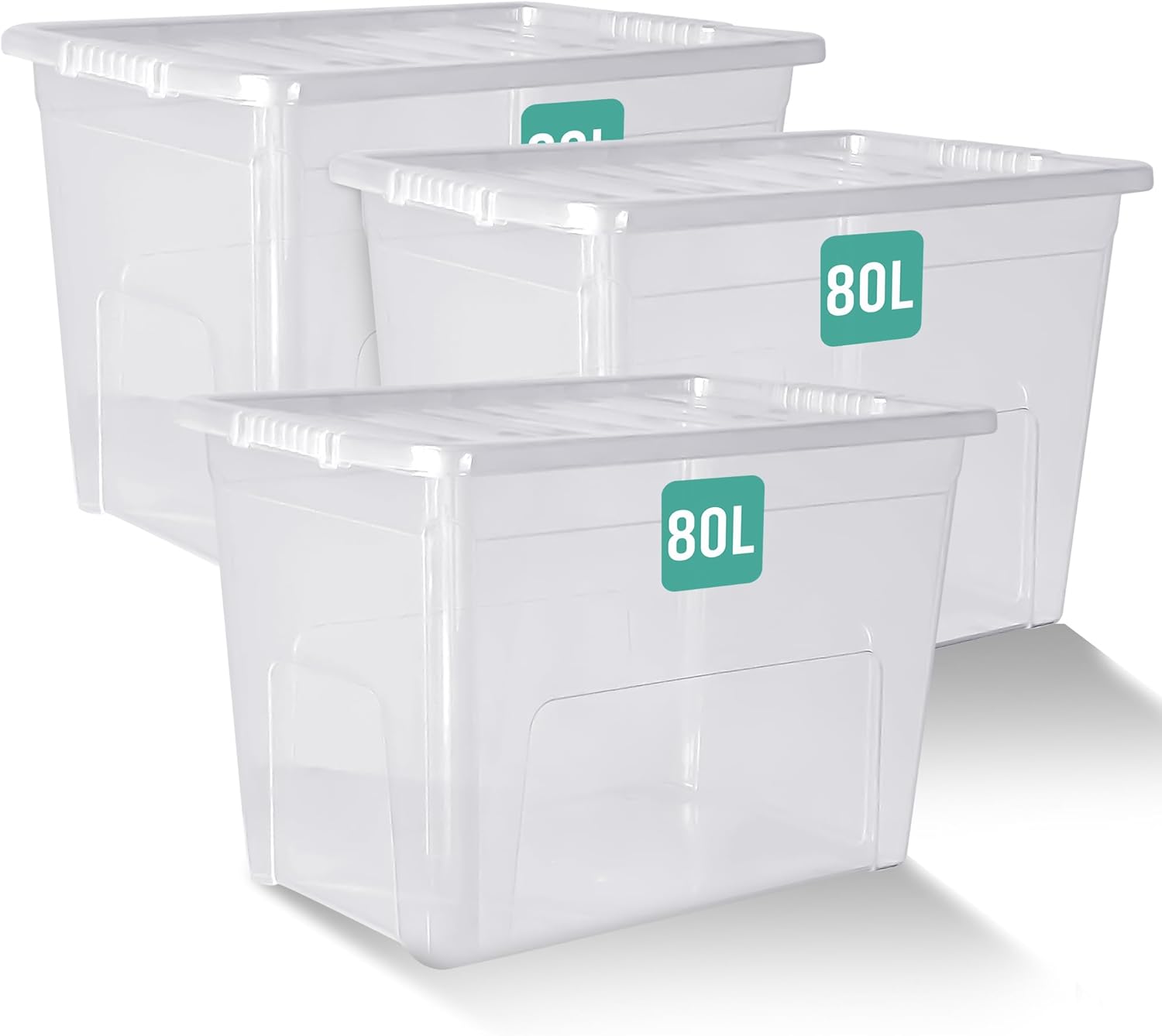 KLASS 80L Storage Boxes With Lids Set of 3, Clear Large Plastic Storage Box With...