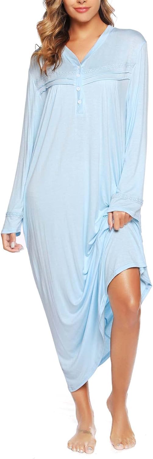 Vlazom Women's Long Nightgowns V Neck Button Down Sleep Shirt Soft Nightdress Sl...