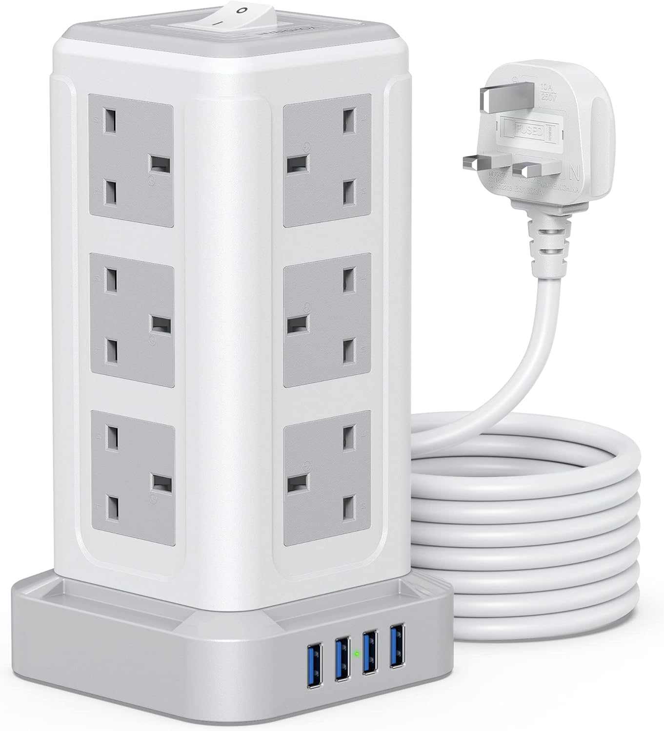 NVEESHOX Extension Lead Surge Protection, 12 Way Power Strip Tower with 4 USB Sl...