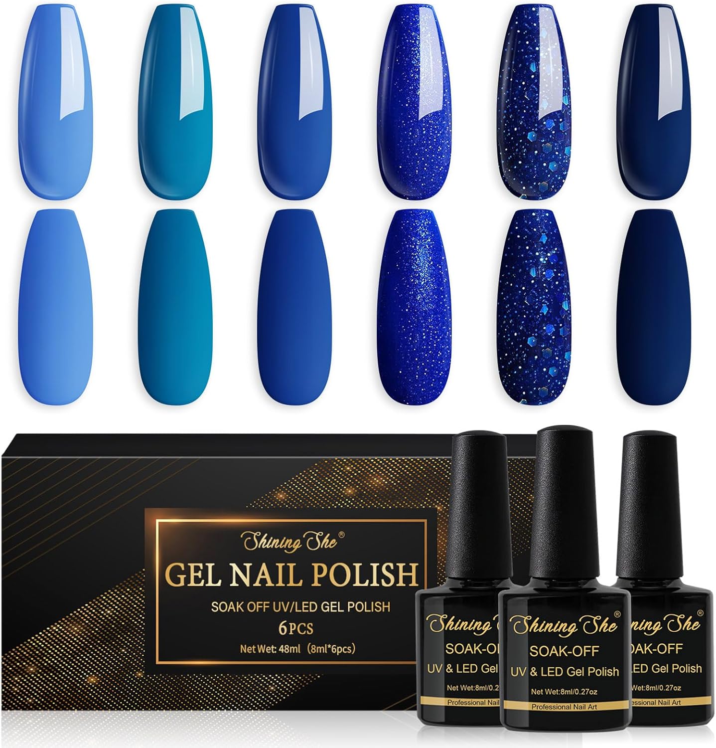 Shining She Nail Polishes Set, 6 Colours Blue Navy Blue Glitter Gel Polish Set S...
