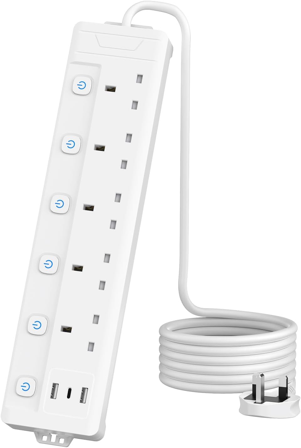 2M 5 Gang Extension Lead with 3 USB Slots (2 USB-A,1 USB-C), Individually Switch...