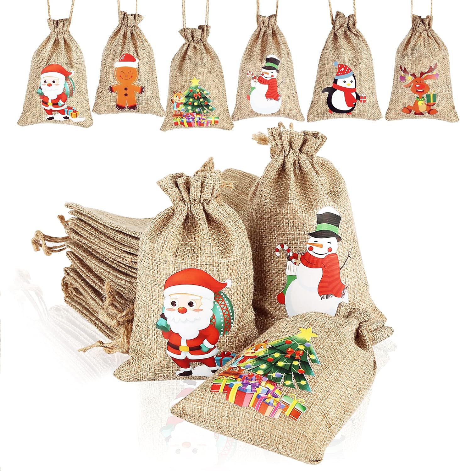 AUERVO 24pcs Christmas Jute Burlap Bags, Xmas Jute Linen Burlap Drawstring Gift...