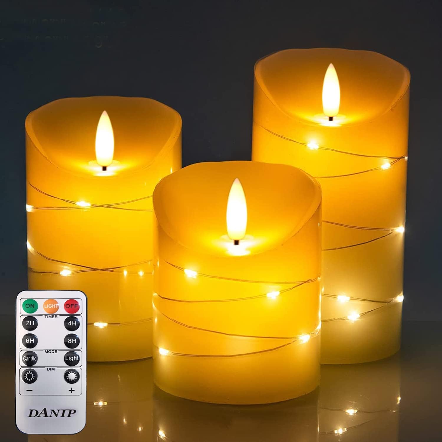 DANIP flameless Candle, with Embedded Fairy String Lights, 3-Piece LED Candle, w...