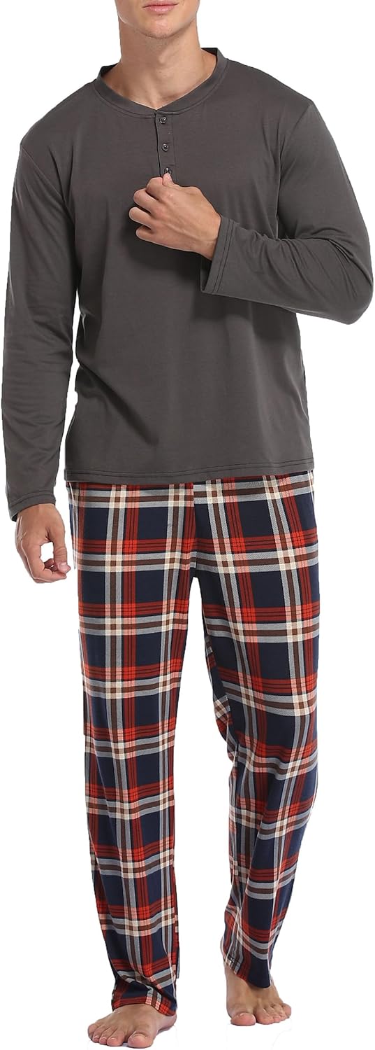 Vlazom Men's Pyjamas Sets Long-Sleeve Pj's Set Soft Loungwear Solid Top and Chec...