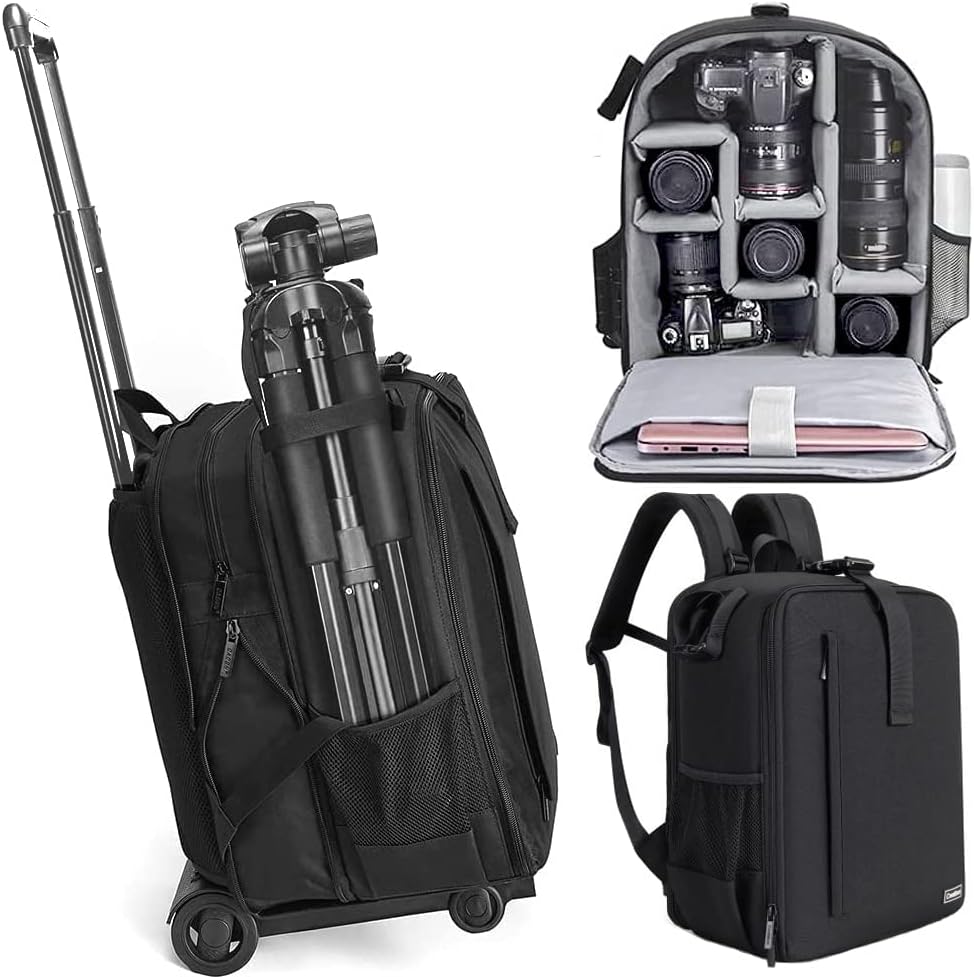 Cwatcun Camera Backpack Trolley Case Bag with Tripod Holder Anti-Theft Waterproo...