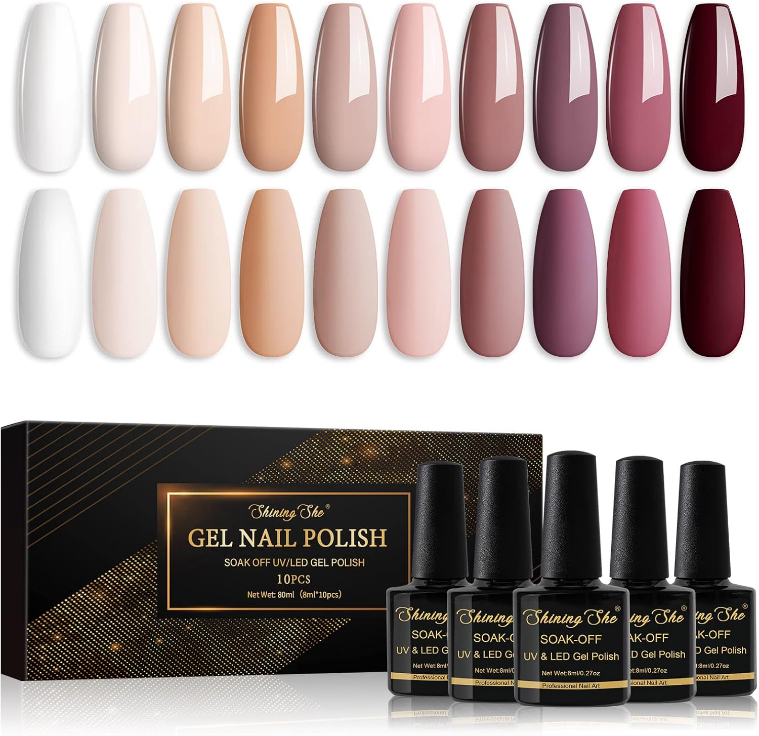 Shining She Gel Nail Polish Set, 10 Color White Beige Nude Pink Champagne Brown...