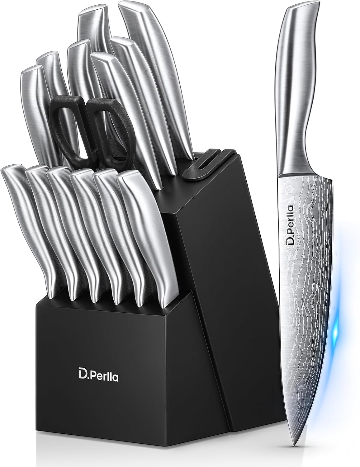 D.Perlla Knife Set with Block, 15 Pieces with Built-in Sharpener, High Grade Sta...