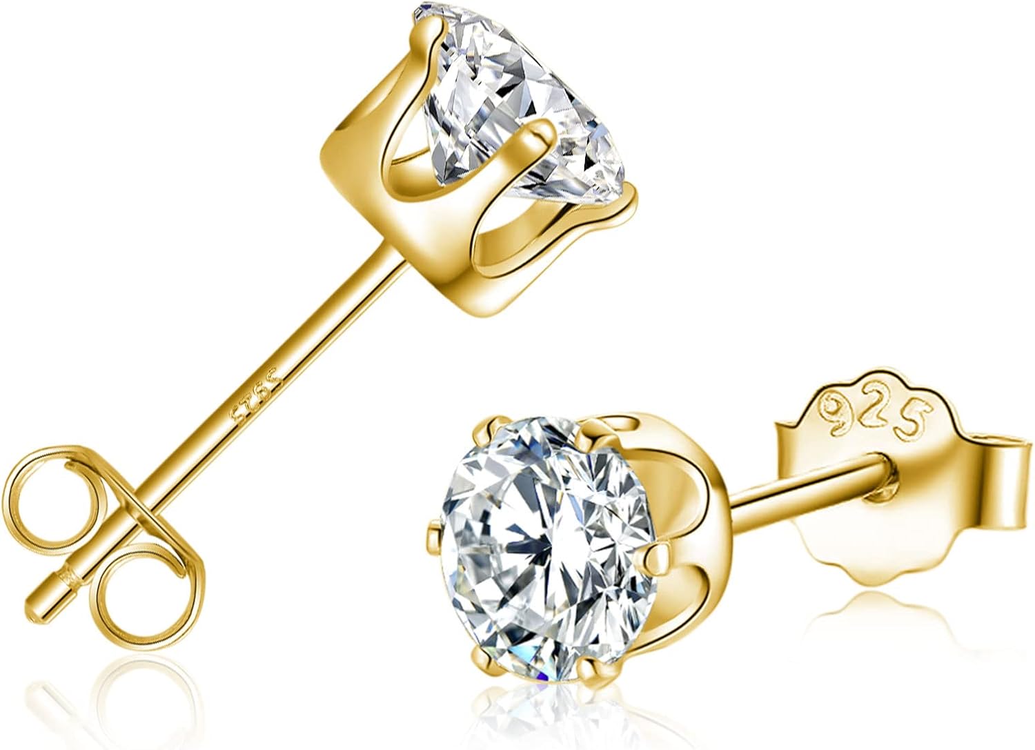 18K Gold Stud Earrings, 925 Sterling Silver Stud Earrings with AAAAA Cubic Zirco...
