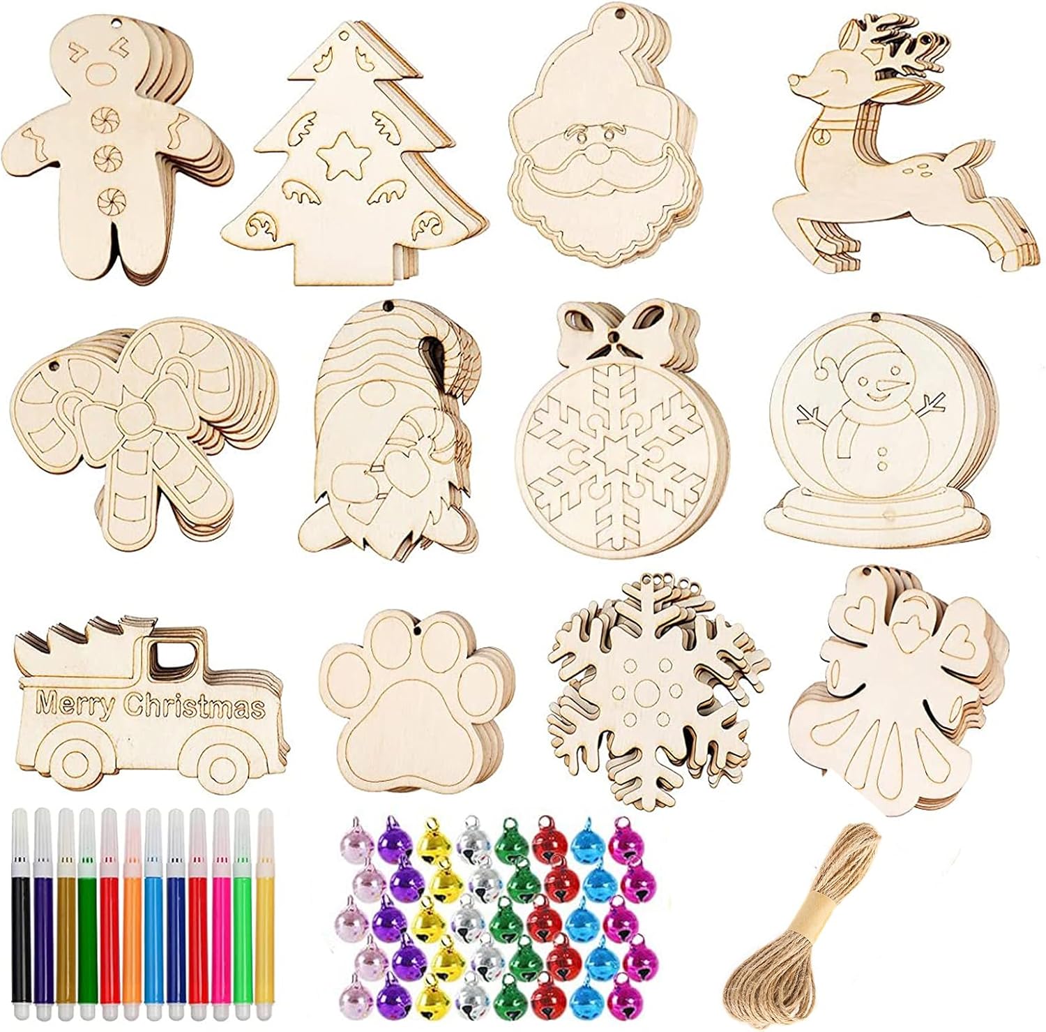 HBell 36pcs Christmas Wooden Ornaments Set Wooden Baubles with Holes,Unfinished...
