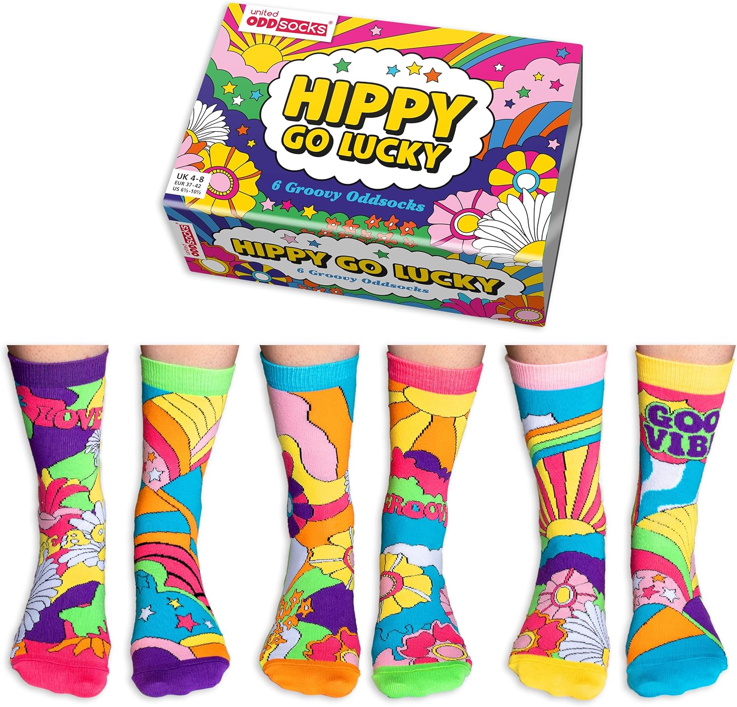 United Oddsocks Hippy Go Lucky Box of 6 Colourful Mix&Match Odd socks for Women-...