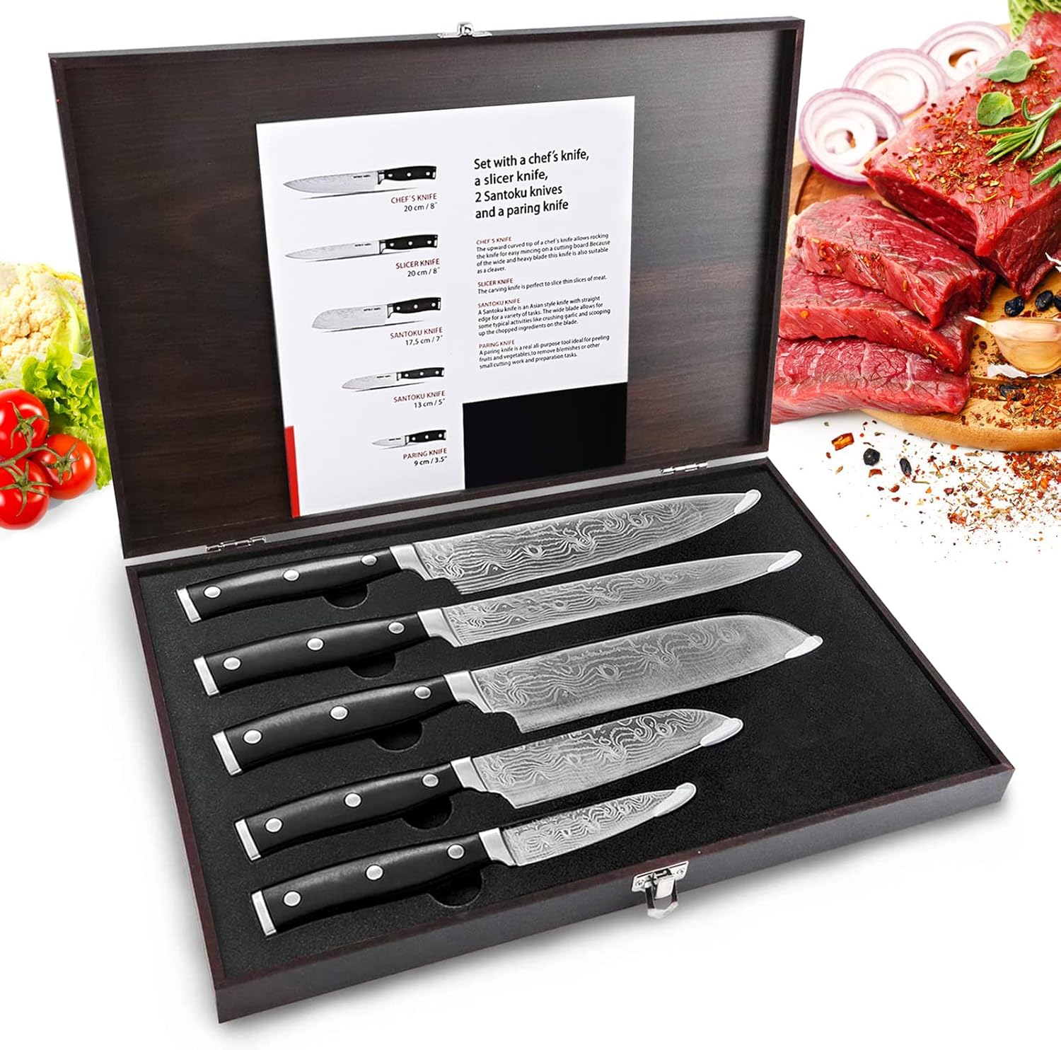 HUIKAILI Knife Set, 5 Pieces Professional Kitchen Set with Wooden Box, Stainless...