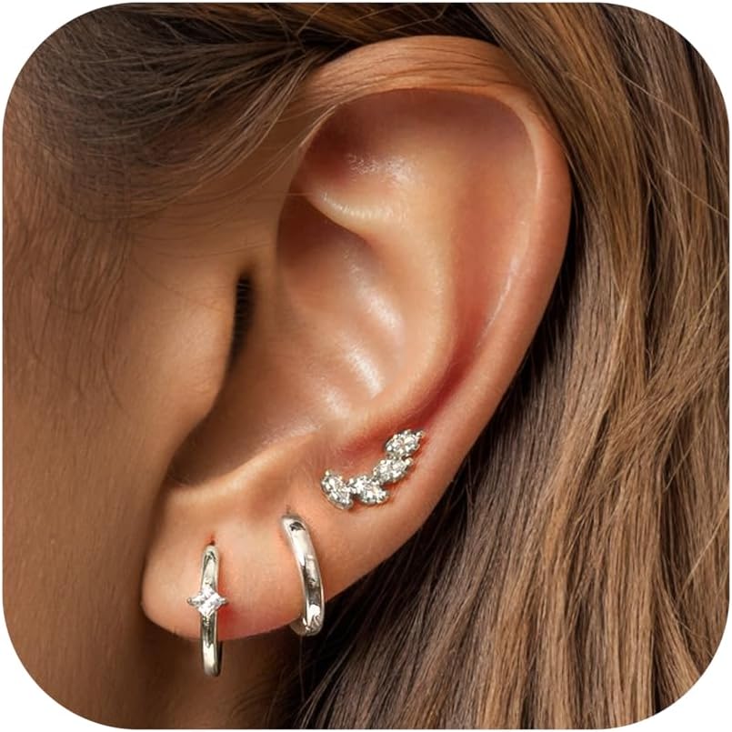 JeweBella 3 Pairs 925 Sterling Silver Stud Hoop Earrings Set for Women Hypoaller...