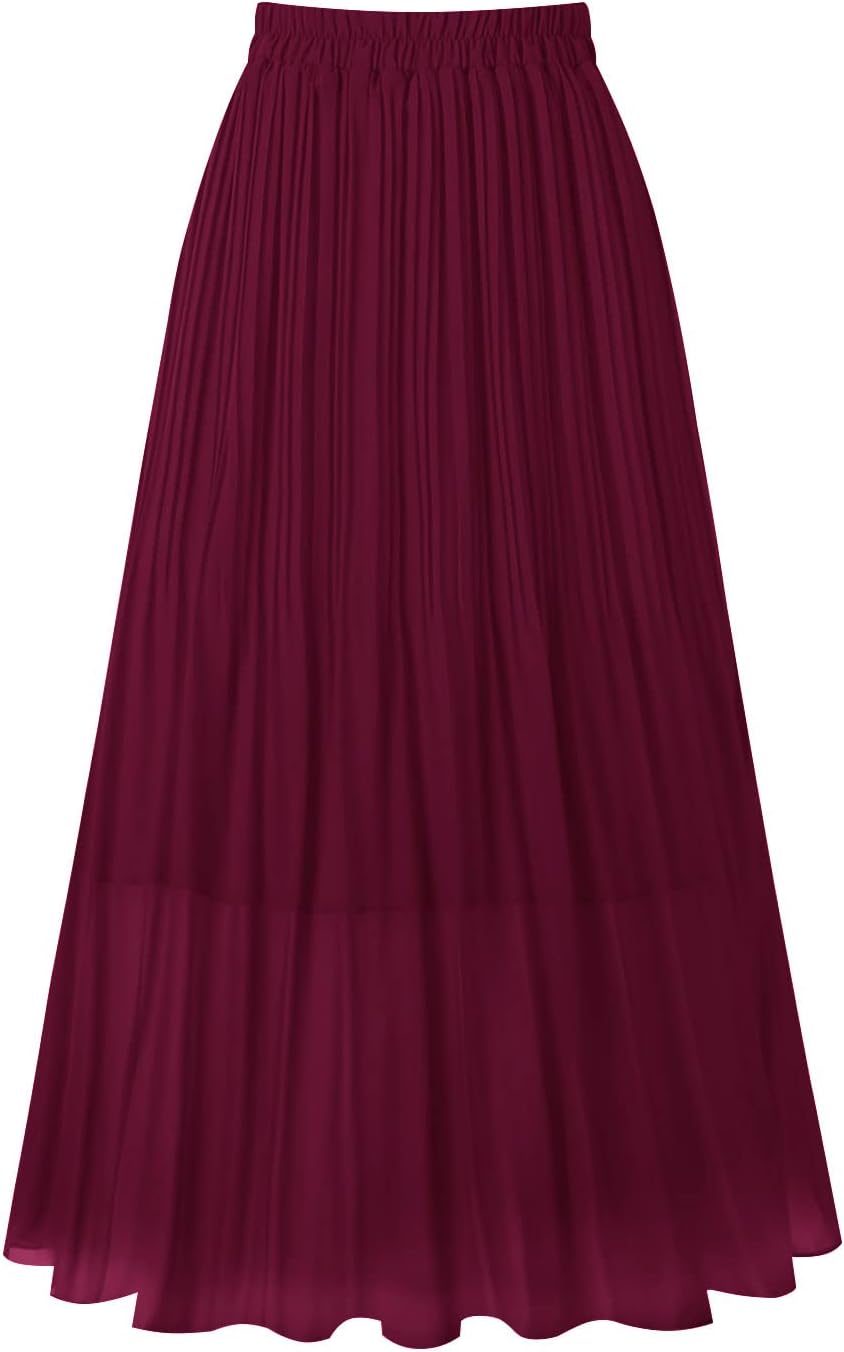 Kingfancy Women's Pleated Skirt Chiffon Elastic Waist A-Line Midi Length Skirt M...