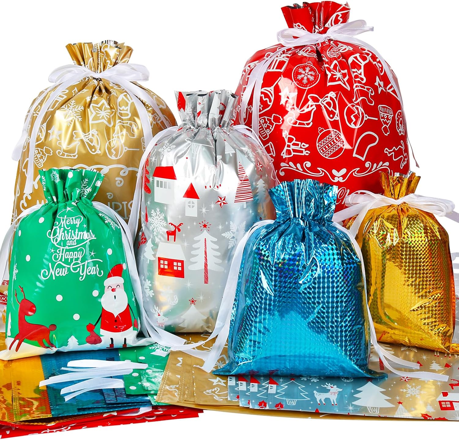HRX Package 30pcs Foil Drawstring Christmas Gift Bags Assorted Sizes, Holiday Gi...