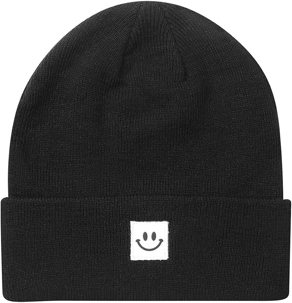 MaxNova Knit Beanie Hat with Smile Face for Men/Women One Size Black Smile